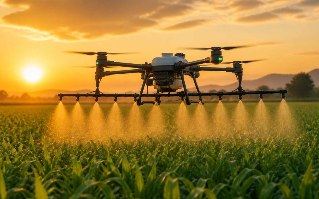 Drones spraying crops increase precision and reduce waste.
